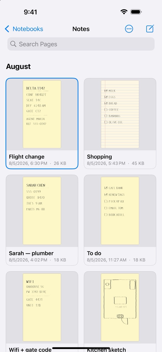 A notebook's pages as a grid of thumbnails — call notes, a shopping list on lined paper, a to-do list, wifi and gate codes, and a floor-plan sketch