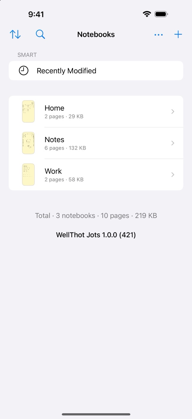 The notebooks list with page counts, sizes, and a Recently Modified smart notebook